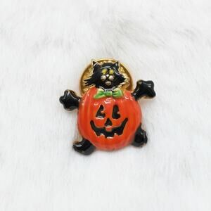 Vintage KC Halloween Black Cat in Jack O Lantern Costume Enamel Pin Brooch 90s